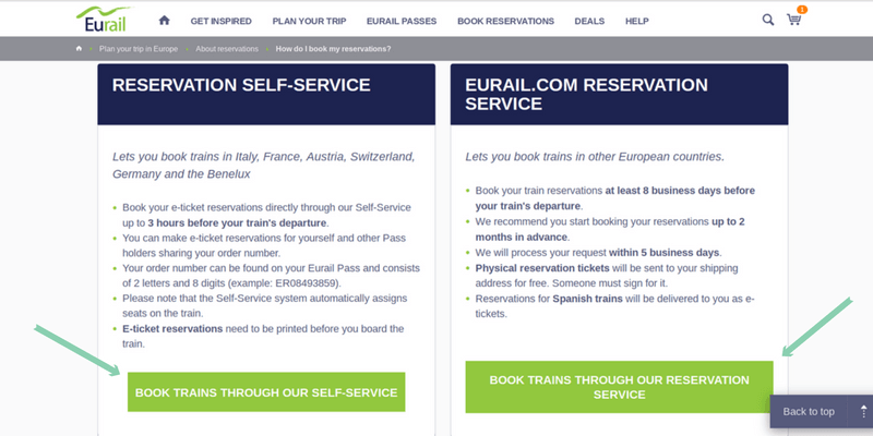 Screenshot Eurail reservation online