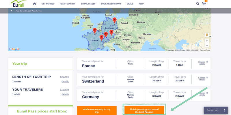 Screenshot Eurail - building your trip, select countries, choose the number of days