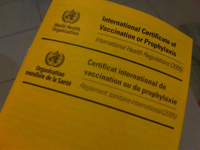 International travel vaccination certificate which you can get from a travel medicine cline
