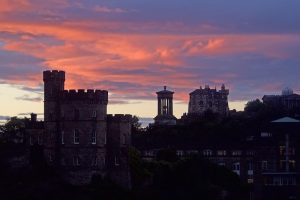 sunset over Scottish castle