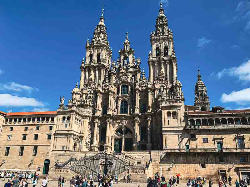 Imposing front of the Cathedral of Santiago de Compostela, first stop for pilgrims arriving in the city