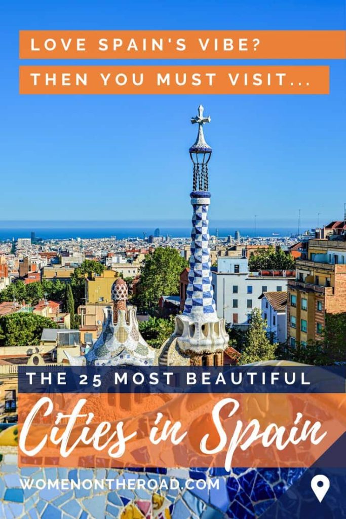 Most beautiful cities in Spain pin for Pinterest showing Barcelona from Guell Park